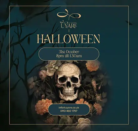 UYARE Halloween party poster with skull design